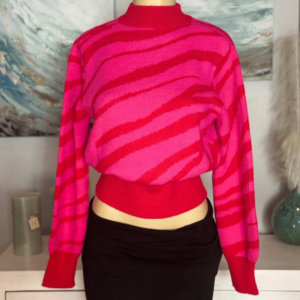 SHEIN Pink Red Zebra Print Mock Neck Sweater Size Medium